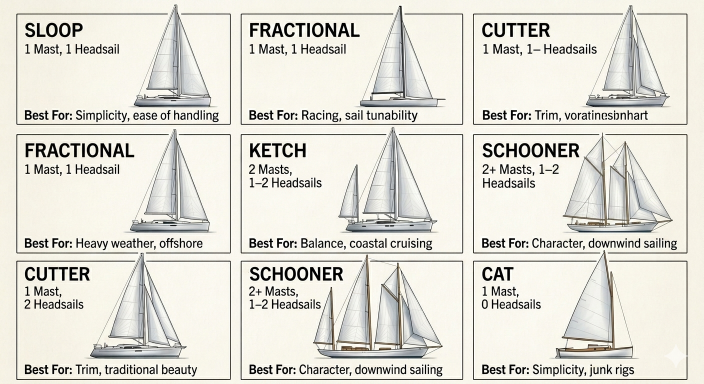 Types of sailboat rigs — sloop, cutter, ketch, yawl, schooner, and cat rig diagrams showing mast and sail configurations